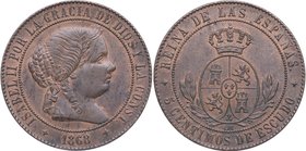 1868. Isabel II (1833-1868). Jubia. 5 Céntimos de Escudo. C&N 172. Ae. 13,14 g. Bonito color. Rara así. SC-. Est.150.