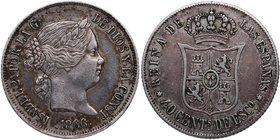 1866. Isabel II (1833-1868). Madrid. 40 Centimos de Escudo. Cy 38. Ag. 5,11 g. EBC-. Est.30.