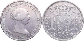 1854. Isabel II (1833-1868). Sevilla. 20 reales. Cy 48. Ag. 25,73 g. EBC-. Est.150.