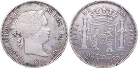 1858. Isabel II (1833-1868). Madrid. 20 reales. Cy 49. Ag. 26,14 g. MBC. Est.150.