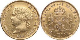 1868. Isabel II (1833-1868). Manila. 4 Pesos. Cy 65. Au. 6,79 g. Atractiva. EBC / EBC+. Est.400.