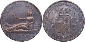 1870*70. I República. Madrid. 5 pesetas. SNM. Cal 3. Ag. 24,97 g. Bonita pátina. MBC+. Est.75.