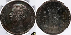 1871*71. Amadeo I. Madrid. 5 pesetas. Cal 5. Ag. Encapsulada en NN Coins 2762877-004 en AU 50. EBC. Est.250.