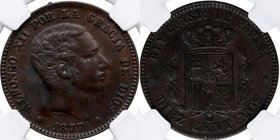 1877. Alfonso XIII (1886-1931). Barcelona. 10 céntimos. Cy 3. Ae. Encapsulada en NGC 4706274-005 en AU details. EBC. Est.75.