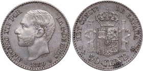 1880*80. Alfonso XII (1874-1885). Madrid. 50 céntimos. MSM. Cy 5. Ag. 2,52 g. Atractiva. Escasa. EBC. Est.45.