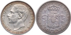 1881 *81. Alfonso XII (1886-1931). Madrid. 50 Céntimos. Cy 5. Ag. 2,51 g. Brillo original. Rara así. EBC+. Est.60.