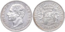 1882. Alfonso XII . Estrellas anepígrafas. 2 Pesetas. Cal 52. Ag. 9,97 g. MBC+/EBC. Est.50.