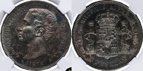 1876*76. Alfonso XII (1874-1885). 5 pesetas. DEM. Cy 10. Ag. Encapsulada en NN Coins 2762879-008 en AU 58. EBC+. Est.200.