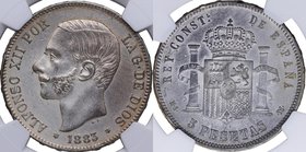 1883*83. Alfonso XII (1874-1885). 5 pesetas. MSM. Cal 26a. Ag. Encapsulada en NGC 4693351-007 en AU details. EBC. Est.250.