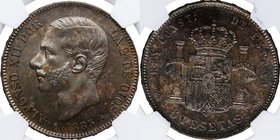 1885*87. Alfonso XII (1874-1885). 5 pesetas. Cy 12. Ag. Encapsulada en NGC 4693351-006 en UNC details. SC-. Est.400.
