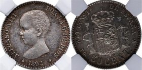 1892*92. Alfonso XIII (1886-1931). 50 céntimos. Ag. Encapsulada en NN Coins 2762878-036 en AU 58.. EBC+. Est.60.