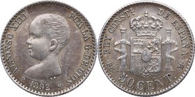 1892 *92. Alfonso XIII (1886-1931). Madrid. 50 Céntimos. PGM. Cy 7. Ag. 2,54 g. Brillo original. SC-. Est.40.