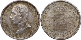 1910 *10. Alfonso XIII (1886-1931). Madrid. 50 Céntimos. PCV. Cy 11. Ag. 2,48 g. Brillo original. Bonita Pátina. SC-. Est.35.