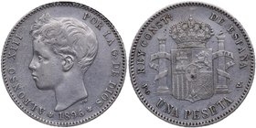 1896*96. Alfonso XIII (1886-1931). 1 peseta. PGV. Cy 15. Ag. 5,00 g. EBC-. Est.40.