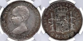 1892*92. Alfonso XIII (1886-1931). 2 pesetas. Cal 32. Ag. Encapsulada en NN Coins 2762877-002 en AU 55+. EBC+. Est.125.
