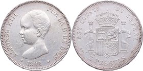 1892*92. Alfonso XIII (1886-1931). 5 pesetas. PGM. Cy 20. Ag. 25,09 g. MBC+. Est.90.