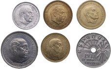 1939-1975. Franco (1939-1975). Lote de 6 monedas, 25 céntimos 1937, 50 céntimos 1966*71, peseta 1963*64, peseta 1966*74 (dos) y 25 pesetas 1957*70. EB...