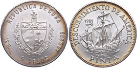 1981. Cuba. Carabela la Pinta. 5 Pesos. Ag. 12,11 g. Bonita pátina. SC . Est.30.