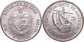 1981. Cuba. Carabela Santa María. 5 Pesos. Ag. 11,95 g. Bella pátina. SC . Est.30.
