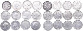 1843-1891. Gran Bretaña. Lote de 12 monedas Maundy 3 Pence. 1843, 1859, 1860, 1861, 1862, 1875, 1876, 1877, 1884, 1887, 1889, 1891. Km 730, 758. BC+ a...