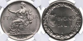 1924 R. Italia. Víctor Manuel III. 1 lira. Km 62. Ag. Encapsulada en NN Coins 2762878-041 en MS64. Tipo 2 cerrado. SC . Est.110.