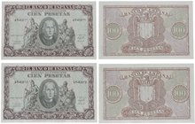 1940. Francisco Franco (1939-1975). Colón. 100 Pesetas. Pareja correlativa. Ed 438a. Billetes manipulados, con número de serie borrado. Uno (EBC+), ot...