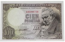1946. Francisco Franco (1939-1975). Goya. 100 Pesetas. Serie A. Ed 451a. Pareja correlativa con el anterior. SC-. Est.100.