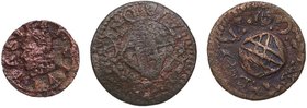 Lote de 3 monedas, Ardit (2) y Dinero. Carlos III. Barcelona y Solsona. 1709, 1710, 1641. Calico-49, C-214. BC . Est.25.