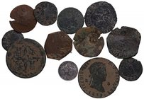Lote de 11 monedas de cobre y 1 de plata españolas desde la Edad Media hasta Fernando VII (2 de 8 maravedies),1 real de vellón de Enrique II y 1 real ...