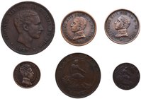 Lote de 6 monedas centenario. 1 y 5 centimos 1870,1 cent 1912,2 cent (1911,1912),5 céntimos 1877. Cu . MBC a SC. Est.80.
