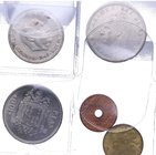 Lote de 5 monedas. 25 céntimos 1938, 1 peseta 1938, 5 pesetas Franco 1949 (50), 100 pesetas 1975 (76) y 1980. EBC / SC. Est.40.