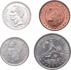 1939-1965. Bolivia y Venezuela. 4 monedas, 2 de 50 céntimos y 2 de 1 Bolivar. Cu-Ni-Ag. SC . Est.24.