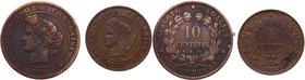 1897A y 1872K. Francia. 3ª República. 2 monedas de 5 y 10 céntimos. Km 821.1, km 815.2. Cu . BC+ a EBC+. Est.30.