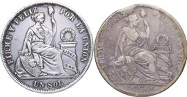 1875 YJ, 1888 TF. Perú. Lote 2 monedas 1 sol. Km 196.3 y 196.24. A examinar. BC a BC+. Est.40.