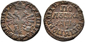 Peter I, 1682-1725 
 Polushka 1707, Kadashevsky Mint. 2,31 g. Bitkin 3617. Brekke 31 (40$). Very fine. Полушка 1707, Кадашевский МД. 2.31 г. Биткин 3...