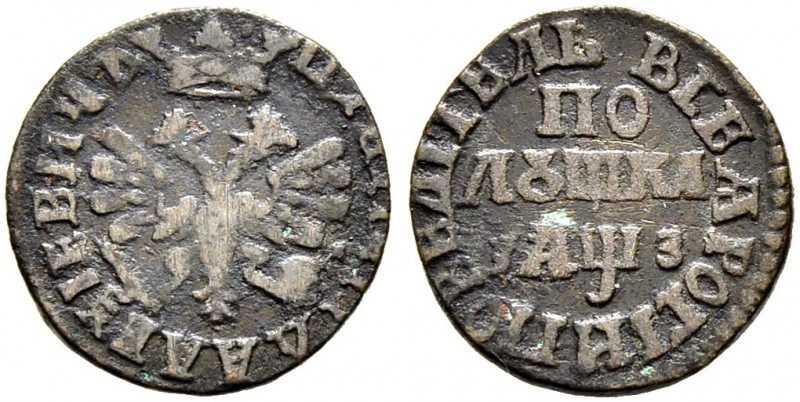 Peter I, 1682-1725 
 Polushka 1707, Kadashevsky Mint. 2,34 g. Bitkin 3617. Brek...