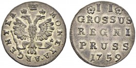 Coins for Prussia / Монеты для Пруссии 
 2 Groschen 1759, Königsberg Mint. 1,42 g. Bitkin 763 (R1). Rare. 4 roubles according to Iljin. Very rare in ...