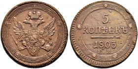 Alexander I 
 5 Kopecks 1803, Ekaterinburg Mint. 56.95 g. Bitkin 286 (R1). Rare. 3 roubles acc. To Iljin. Slightly off-centre. Small planchet defects...