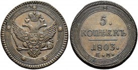 Alexander I 
 5 Kopecks 1803, Ekaterinburg Mint. 55,39 g. Bitkin 285 (R1). Rare. 3 roubles acc. To Iljin. Lightly corroded. Extremely fine. 5 копеек ...