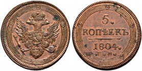 Alexander I 
 5 Kopecks 1804, Ekaterinburg Mint. 52.34 g. Bitkin 292. GM 3.8. Spots. Almost uncirculated. 5 копеек 1804, Екатеринбургский МД. 52.34 г...