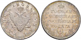 Alexander I 
 Rouble 1808, St. Petersburg Mint, MK. 20.77 g. Bitkin 72. Severin 2584. 2.5 roubles according to Petrov.
 2 roubles according to Trape...