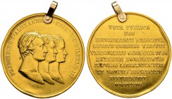 Alexander I 
 Gold medal ”ALLIANCE OF THREE MONARCHS. 1813”. 34.93 (with loop) g. Diameter (without loop) 46.8 mm. To Diakov 365.1 (R3). Rare. Rim ni...
