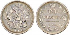 Alexander I 
 20 Kopecks 1816, St. Petersburg Mint, MФ. 3.99 g. Bitkin 192 (R2). Severin 2710. Very rare. 10 roubles acc. To Iljin. Old ink rarity ma...