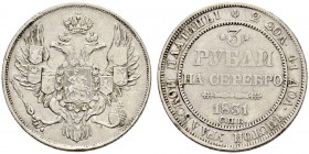 Nicholas I 
 3 Roubles 1831, St. Petersburg Mint. 10.23 g. Bitkin 77 (R). Rare. 10 roubles according to Iljin. Almost very fine. 3 Рубля 1831, СПб МД...