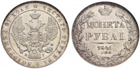 Nicholas I 
 Rouble 1841, St. Petersburg Mint, HГ. ” O ПБ”!! C over O in O ПБ. Bitkin 194 (R1) var. Very rare. NGC MS65. Рубль 1841, СПб МД, НГ. « O ...