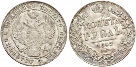 Nicholas I 
 Rouble 1842, St. Petersburg Mint, AЧ. 20.59 g. Bitkin 184 var. Severin 3395 var. Rare. Interesting error: die axis turned about 15 degre...