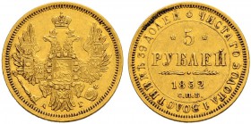 Nicholas I 
 5 Roubles 1852, St. Petersburg Mint, AГ. 6.51 g. Bitkin 35. Rare. Very fine. 5 Рублей 1852, СПб МД, AГ. 6.51 г. Биткин 35. Редкие. Состо...