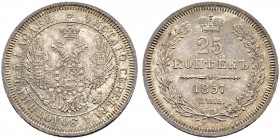 Alexander II 
 25 Kopecks 1857, St. Petersburg Mint, ФБ. 5.24 g. Bitkin 55. Very small scratch on obverse. Uncirculated. 25 копеек 1857, СПб МД, ФБ. ...