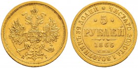 Alexander II 
 5 Roubles 1866, St. Petersburg Mint, HI. 6.49 g. Bitkin 14. Rare. Extremely fine. 5 Рублей 1866, СПб МД, HI. 6.49 г. Биткин 14. Редкая...