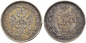 Alexander II 
 25 Kopecks 1867, St. Petersburg Mint, HI. 5.26 g. Bitkin 143 (R). Rare. 2.25 roubles according to Petrov. Nice patina. Extremely fine....